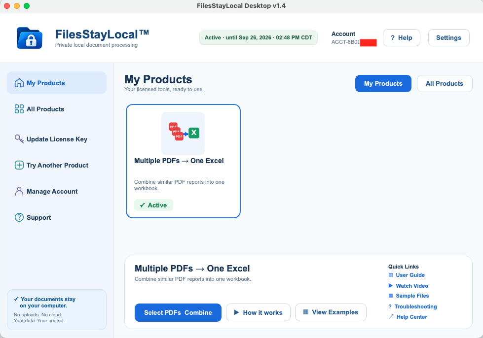 FilesStayLocal Desktop showing Multiple PDFs to One Excel active
