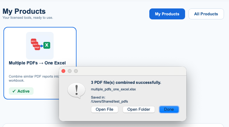 FilesStayLocal confirming three PDF files were combined successfully