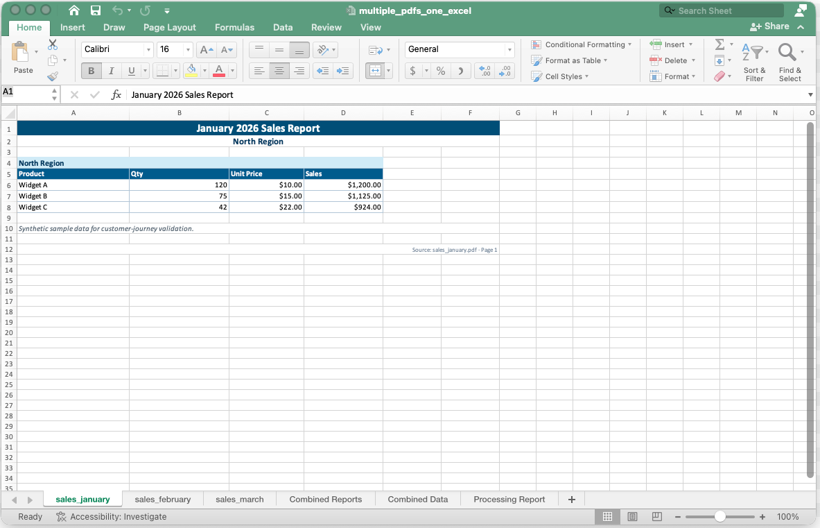 Generated Excel workbook showing the January source worksheet