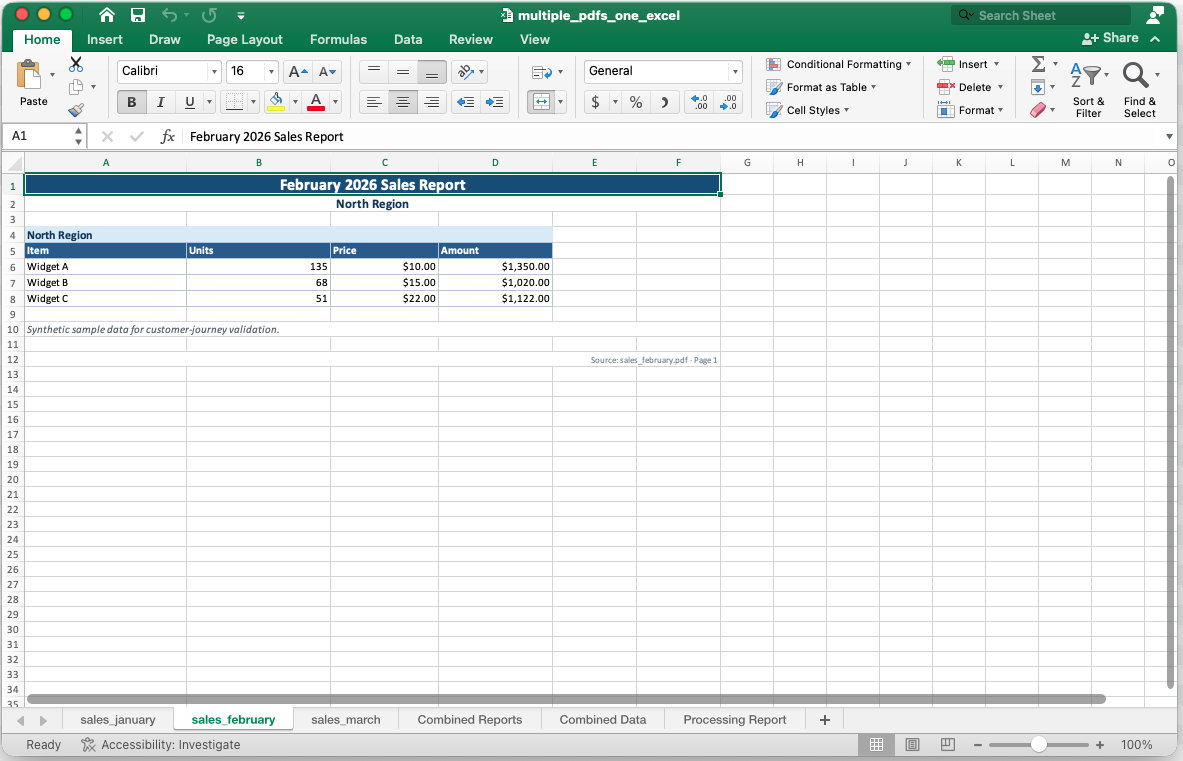 Generated Excel workbook showing the February source worksheet