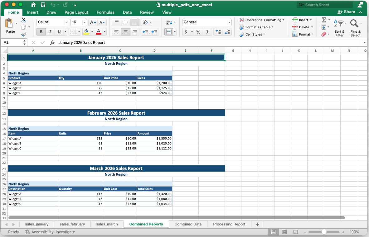 Generated Excel workbook Combined Reports worksheet