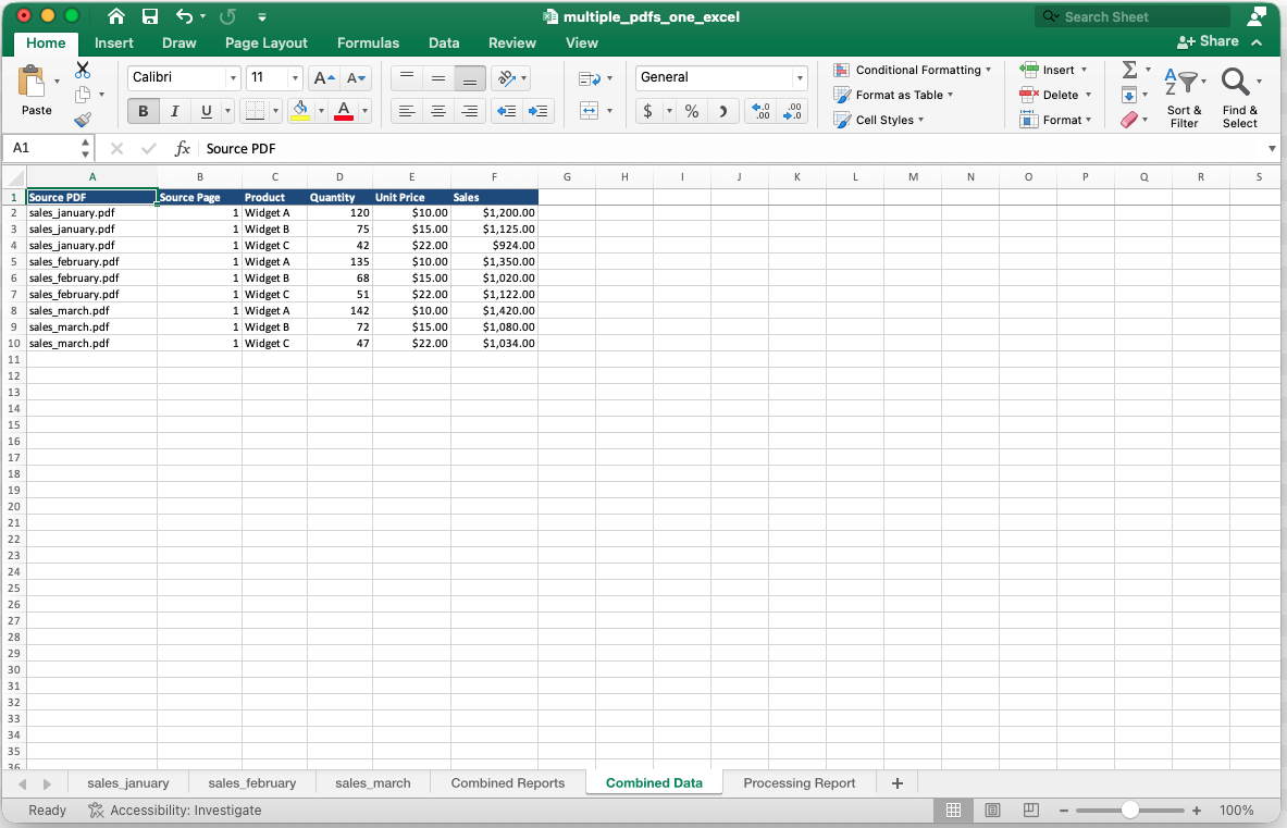 Generated Excel workbook Combined Data worksheet
