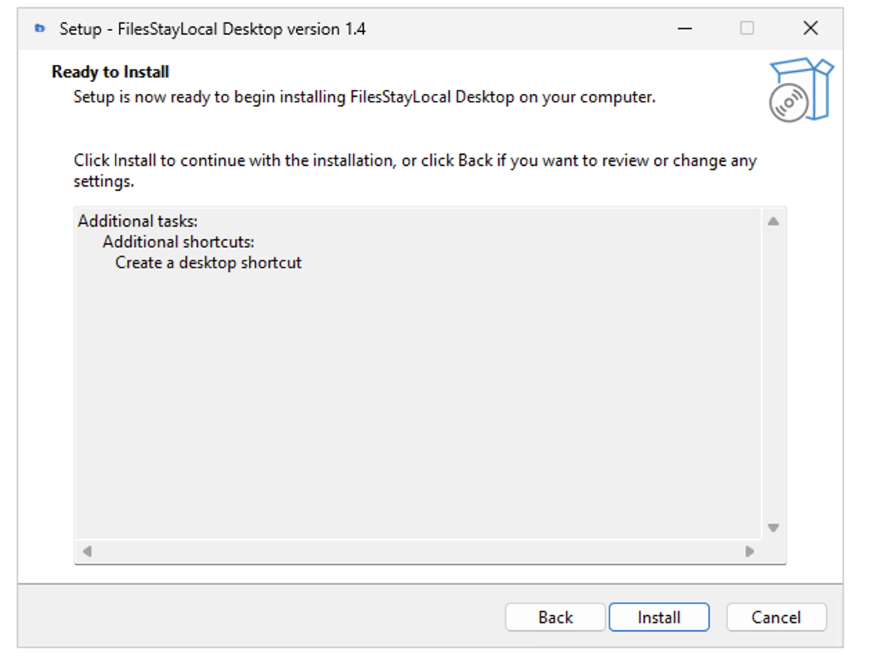 FilesStayLocal Windows installer ready to install screen