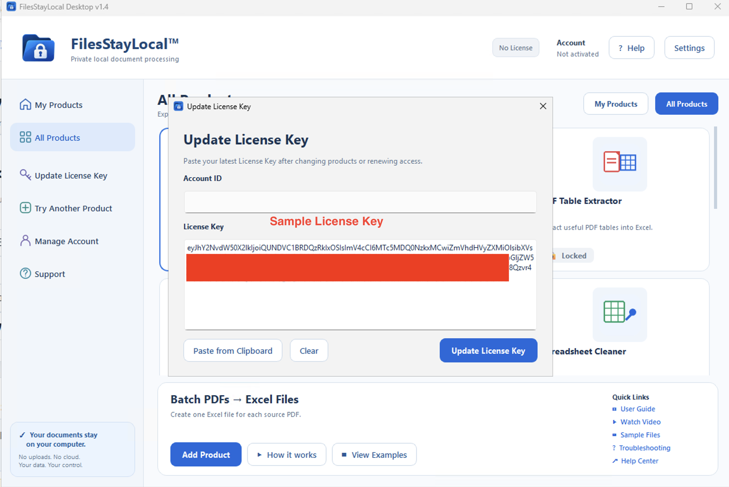 FilesStayLocal Desktop Update License Key screen with sample license