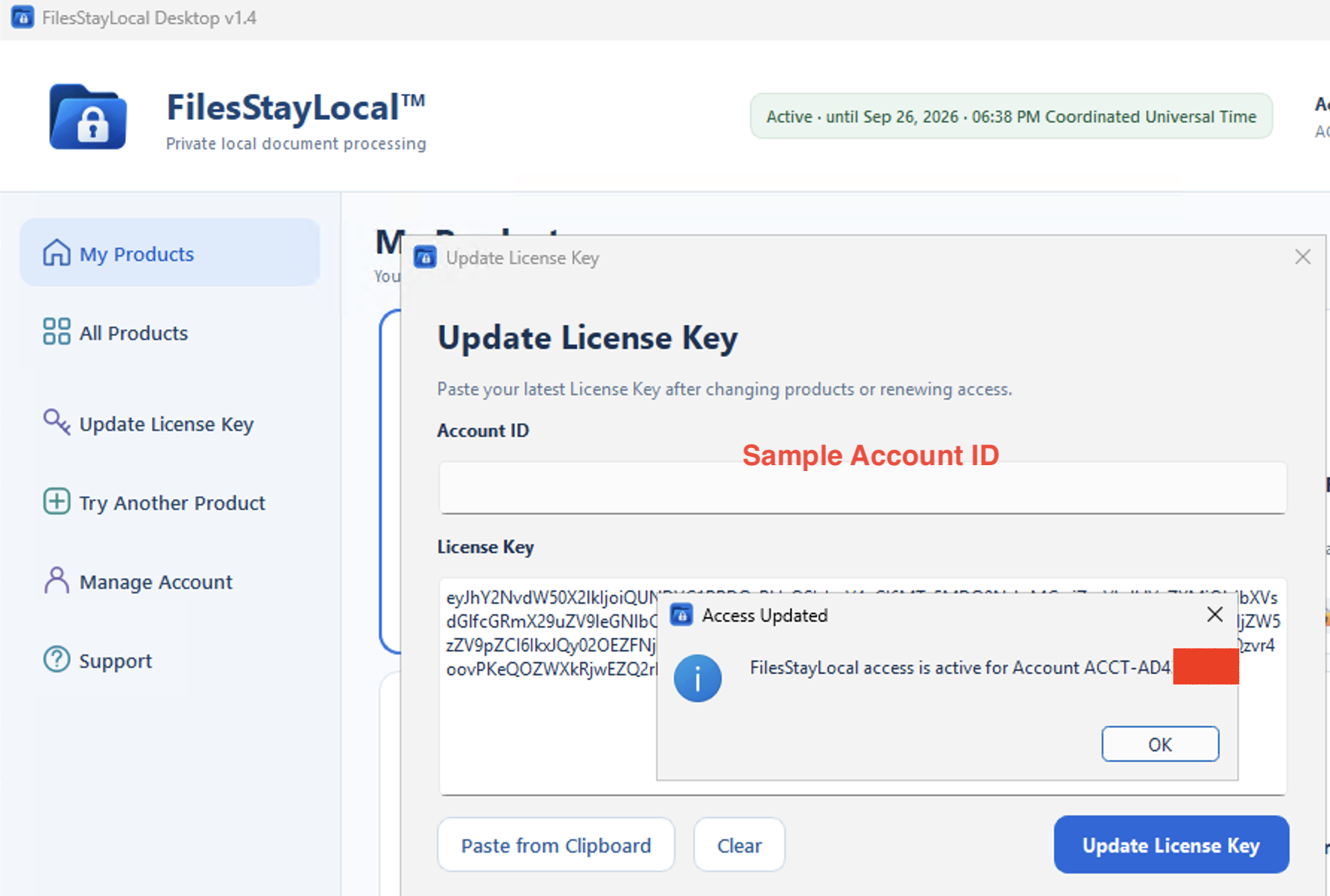 FilesStayLocal Desktop confirming successful license activation
