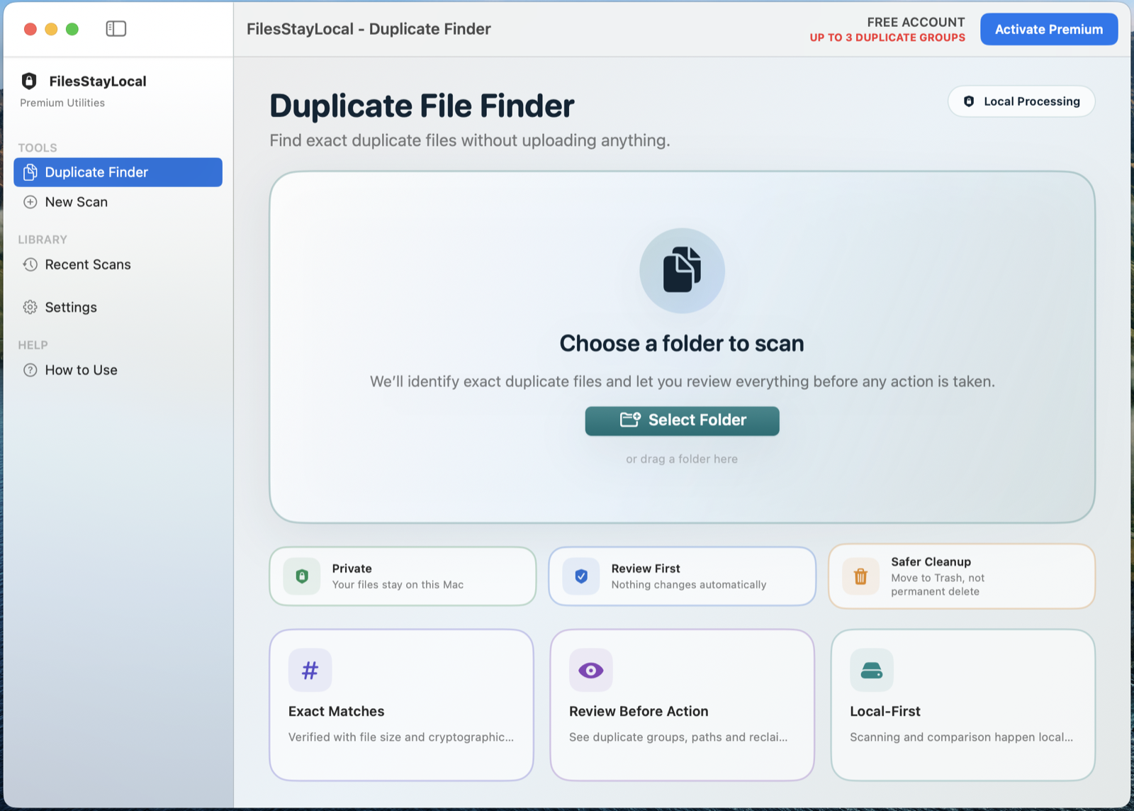 FilesStayLocal Duplicate Finder — Choose a folder