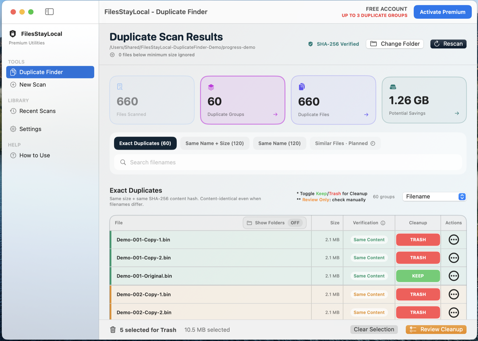 FilesStayLocal Duplicate Finder — Duplicate Finder application view