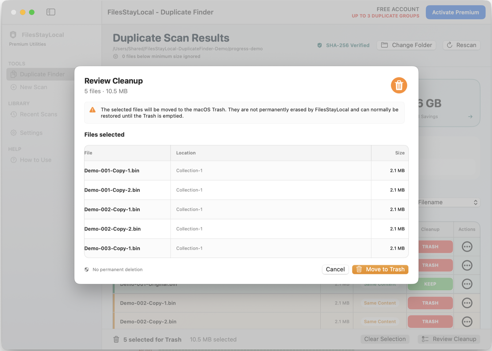 FilesStayLocal Duplicate Finder — Review KEEP / TRASH