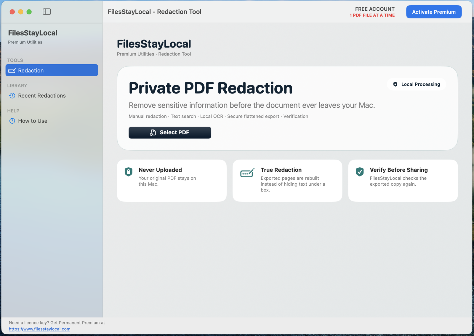FilesStayLocal Private PDF Redaction — Start privately
