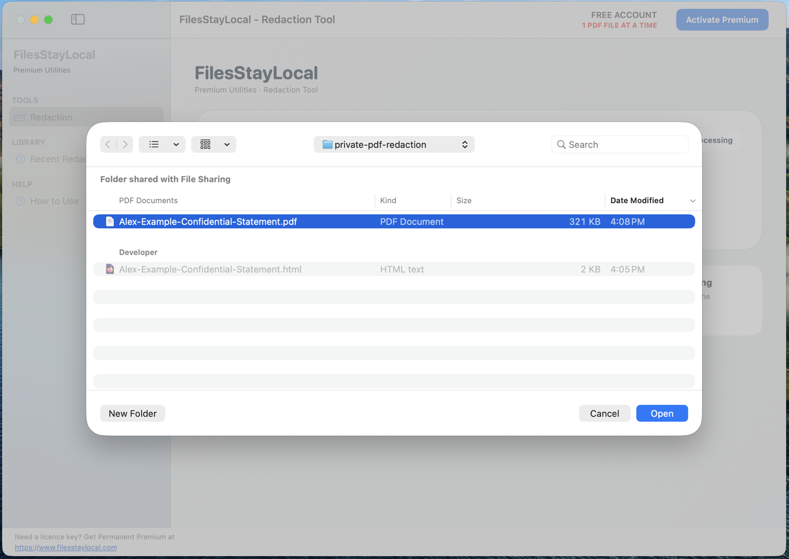 FilesStayLocal Private PDF Redaction — Choose the PDF