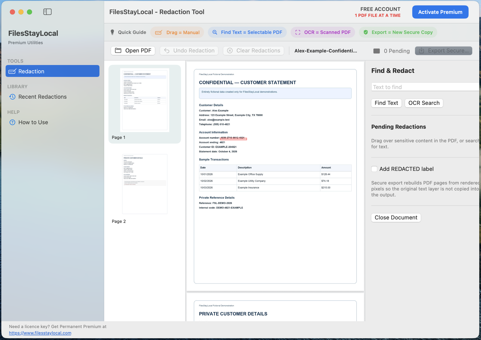 FilesStayLocal Private PDF Redaction — Review the document