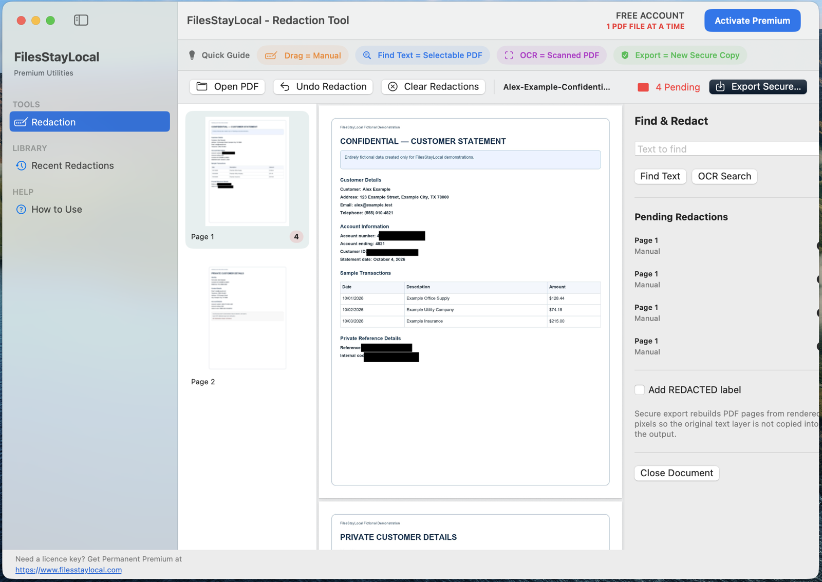 FilesStayLocal Private PDF Redaction — Private PDF Redaction application view